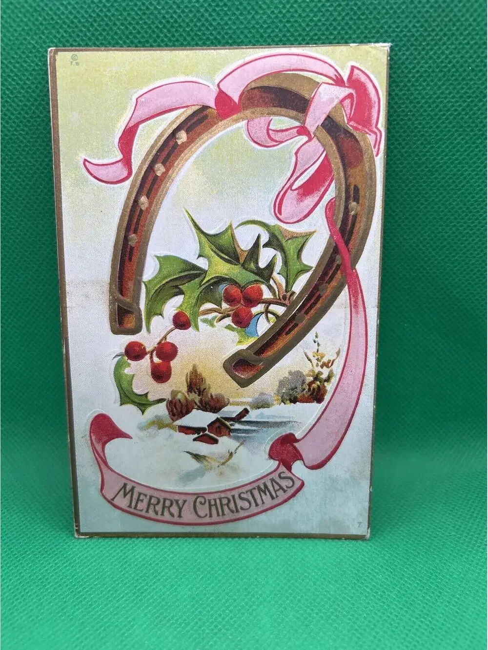 Vintage Merry Christmas Postcard with Horseshoe and Holly Design - Box1